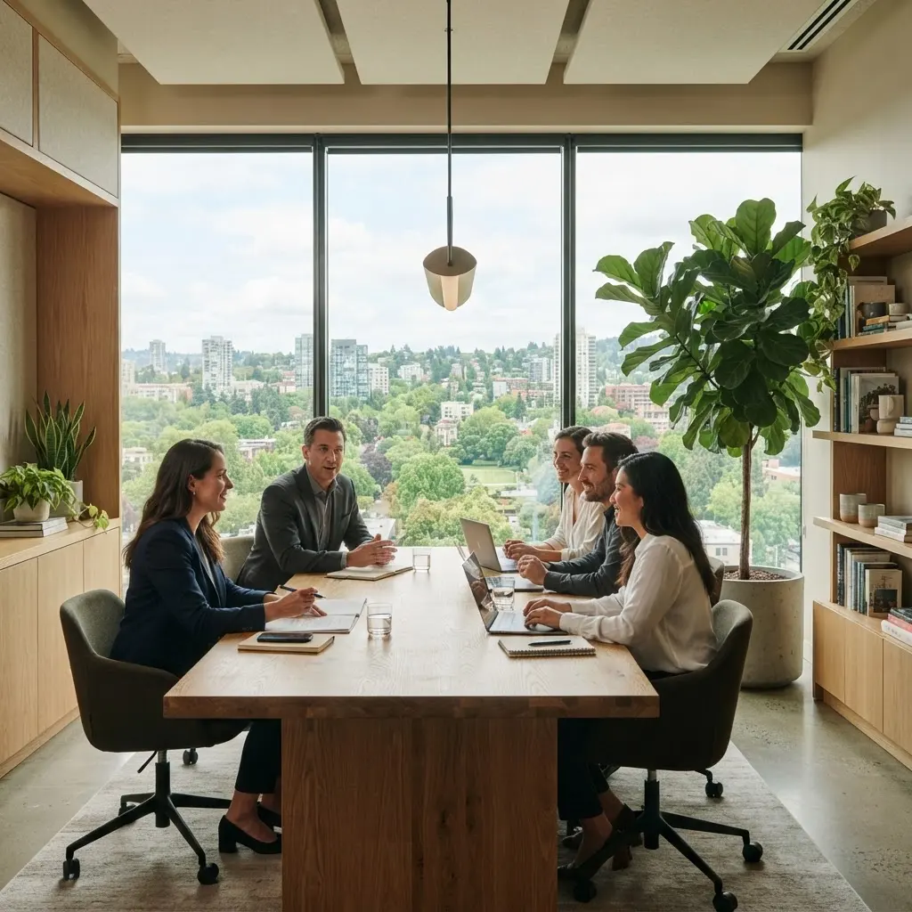 Modernes minimalistisches Büro mit Holz und Pflanzen
