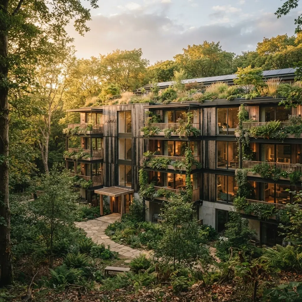 Modernes nachhaltiges Wohngebäude mit Holzfassade und Begrünung